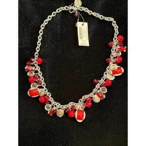 WHBM Necklace w/Red Bead Dangles, Bezel Set Rhinestones